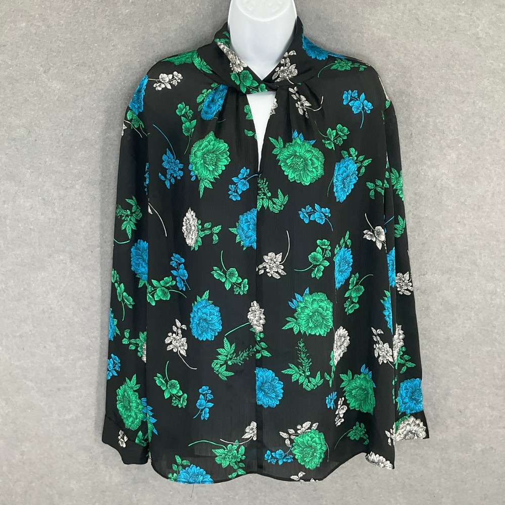 Vince Camuto Top Womens Sz 3X Dark Floral Tie Neck‎ Long Sleeve Blouse Romantic